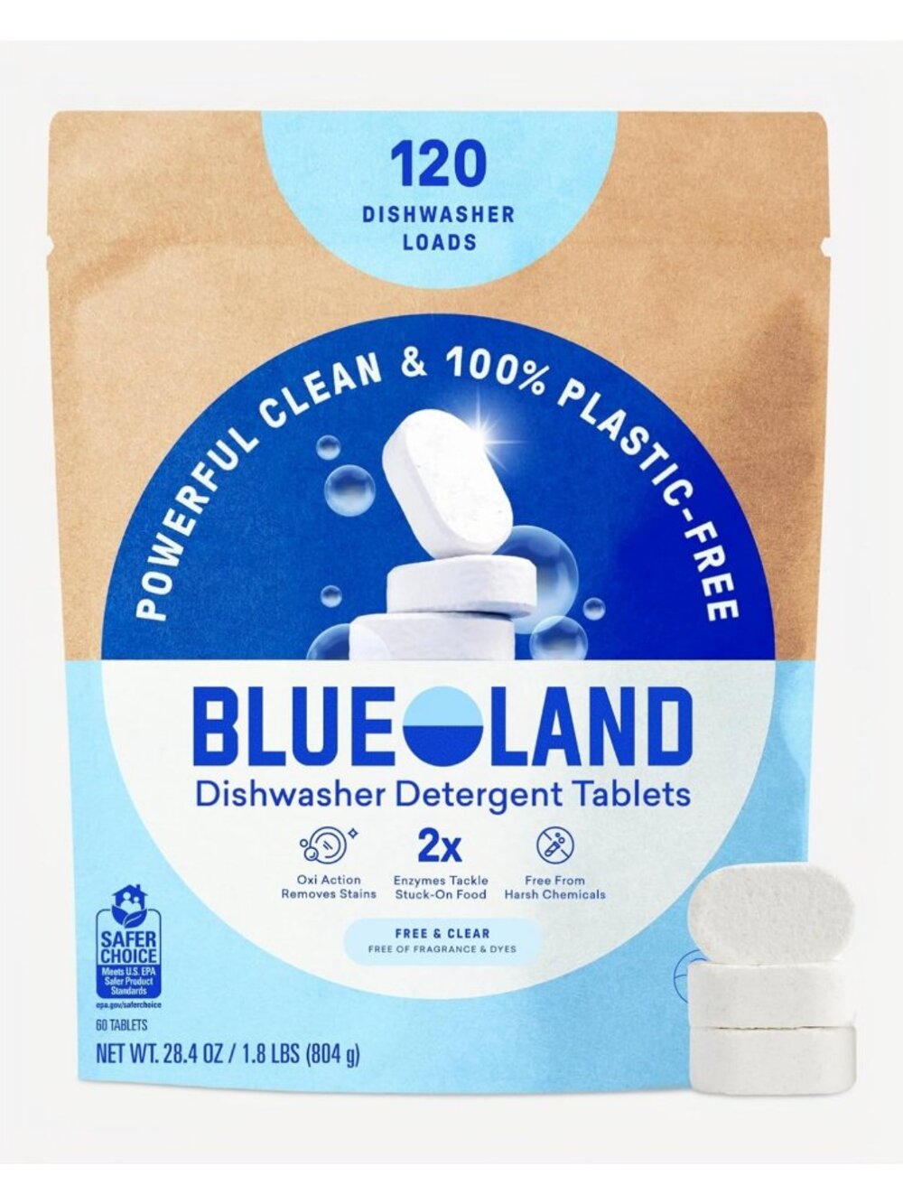 Eco-Friendly Plastic-Free Dishwasher Detergent Tablets, 120ct, Free & Clear